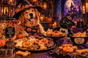 Image for Trick or Treat, Smell My Paws! Homemade Halloween Dog Treats blog article showing a dog and cat at a table filled with treats, dressed in halloween outfits in a themed Halloween room.